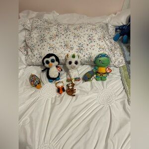 Ty Plush Assortment — Black & White Penguin, White Unicorn & Green Turtle